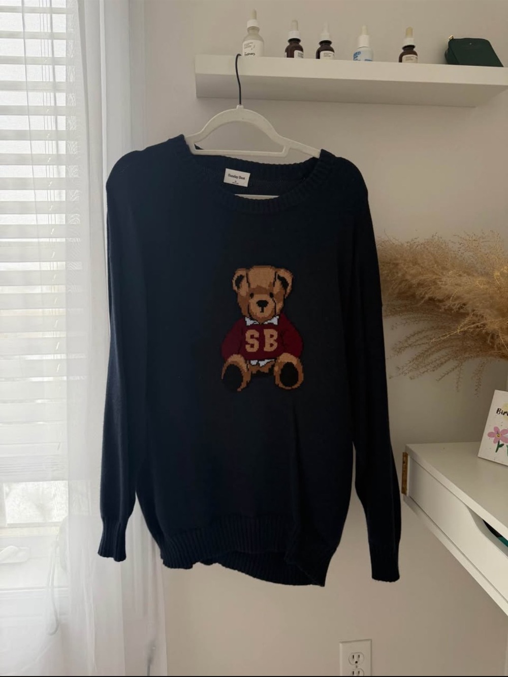 Sunday Best Black Crewneck Sweater with Teddy Bear Motif